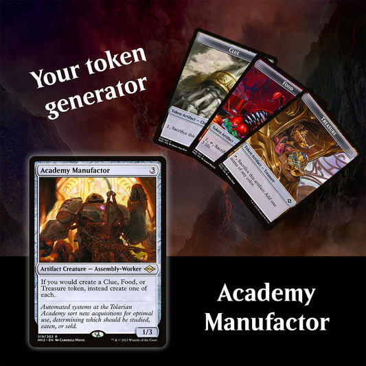 MTG: Academy Manufactor on the left with Clue Food Treasure tokens on the right